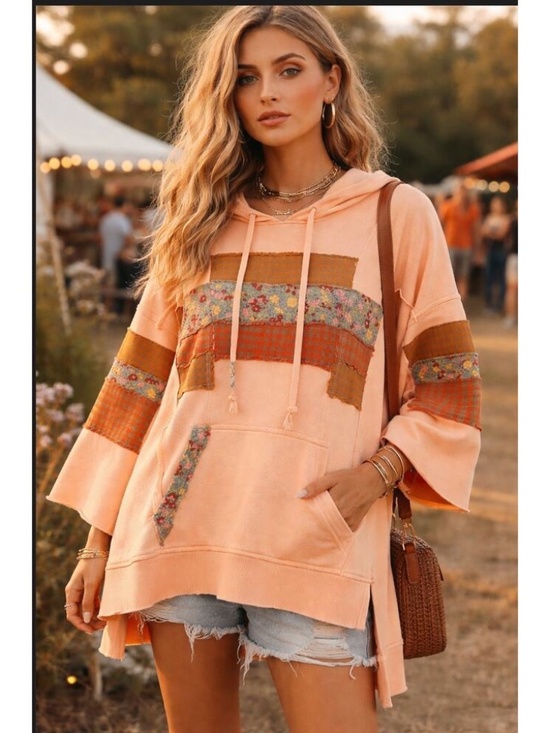Easel Los Angeles Tops - NEW EASEL CLOTHING WASHED TERRY KNIT PULLOVER HOODIE PATCHWORK SWEATSHIRT SMALL